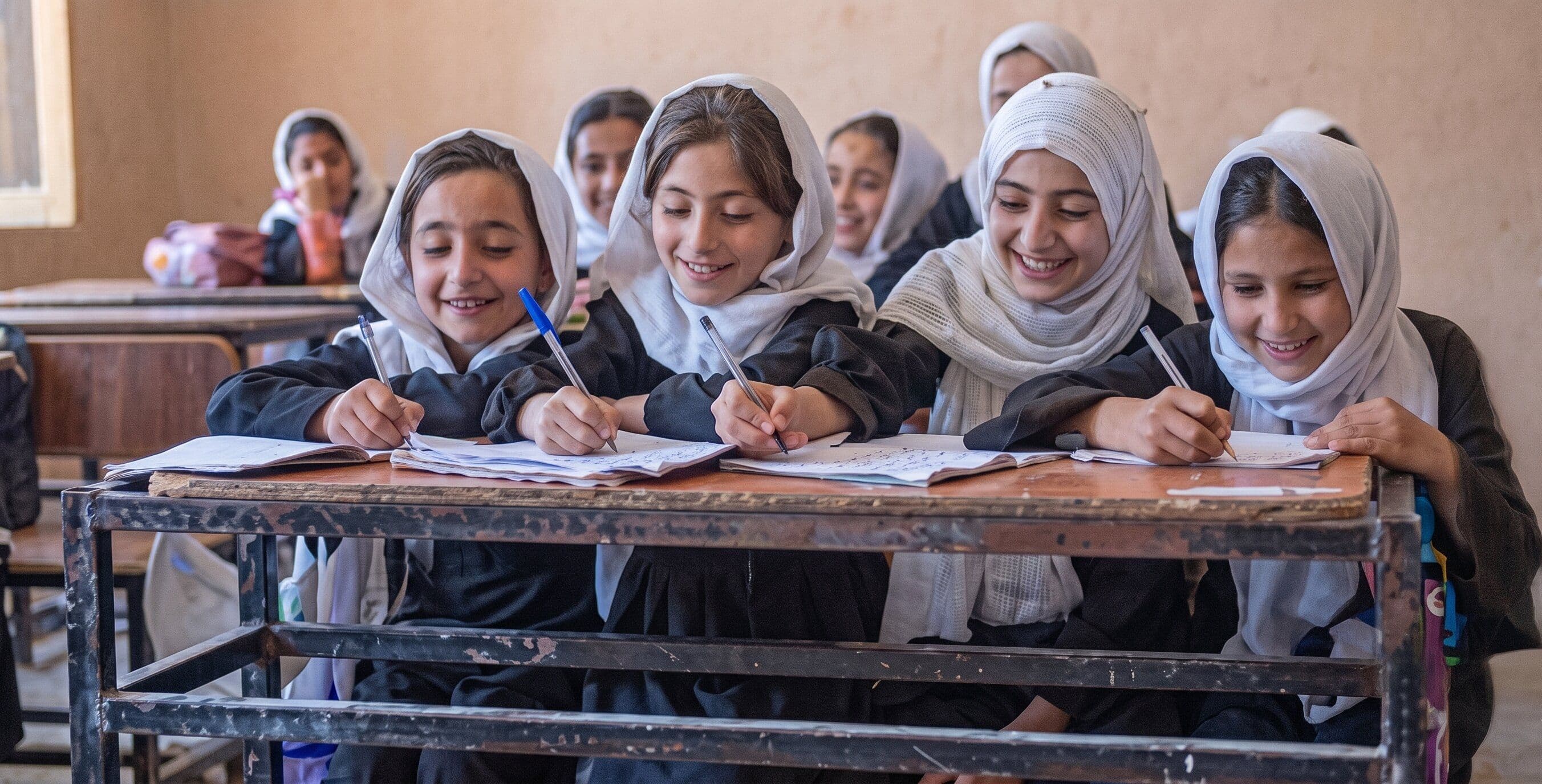 Young Afghan girls attending school in Mazar-i-Sharīf, embracing education and community.